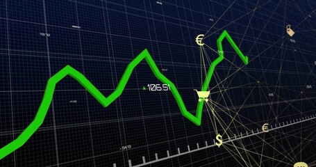 Wall Mural - Displaying green jagged line chart shifting on navy grid, linking yellow currency symbols and cart