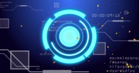 Wall Mural - Displaying neon-blue HUD ring rotating on blue backdrop, showing stars, timer, UI outlines, code
