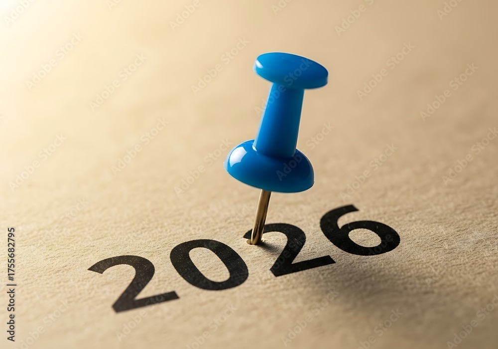 Blue push pin marking the year 2026 on a textured paper surface Stock ...