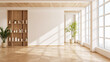 © LEKSTOCK 3D - Empty room in Modern mid-century style with white wooden bookshelf, and parquet floor. and spacious unfurnished interior with large windows and natural light,3d render
