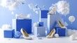 © Juan - Blue geometric display with shoes and clouds creative retail product advertising concept