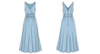 © Awan - Technical illustration of a floor-length dress with a surplice bodice and empire waistline in light blue featuring front and back views for fashion