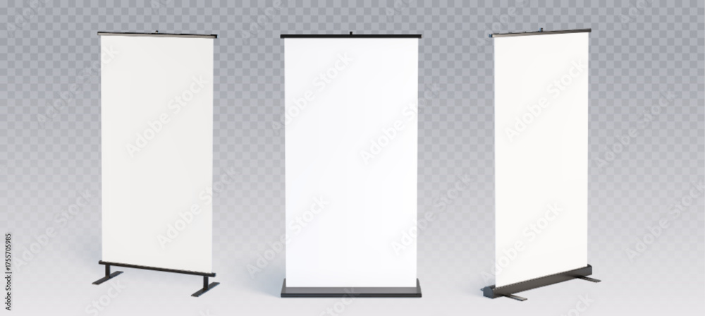 Empty mockup roll up banner displays with different stands for ...