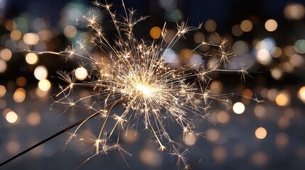 Wall Mural - Close Up of a Sparkler Creating Glowing Sparks Against a Beautiful Bokeh Background at Night