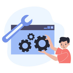 Person adjusting gears on a webpage interface with a wrench symbol representing technical support and website development on a transparent background
