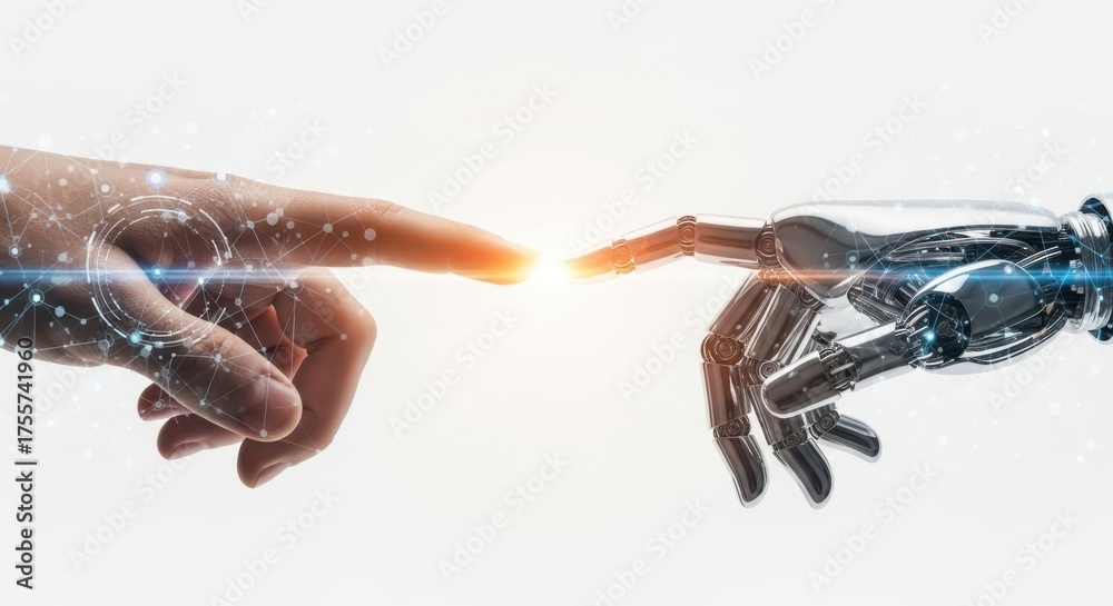 Human and robot finger tips connecting in a futuristic vision Stock ...