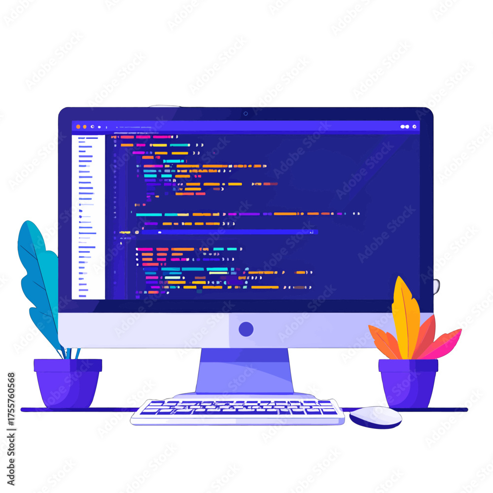 Computer Screen Displays Lines of Code with White Keyboard and Mouse ...
