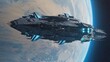 © mevideo - Futuristic spacecraft with glowing blue lights flying above surface of planet Earth in outer space, highly detailed science fiction starship orbiting atmosphere during deep space exploration mission.
