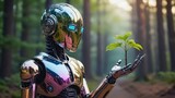 Futuristic humanoid robot with glowing blue eyes holding a transparent digital Earth globe in forest environment, symbolizing artificial intelligence, sustainability, technology role in global ecology