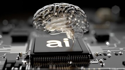 Wall Mural - A glowing blue hologram of the letters AI floating above an electronic chip surrounded by digital data circuitry and a luminous brain symbolizing advanced artificial intelligence and innovation
