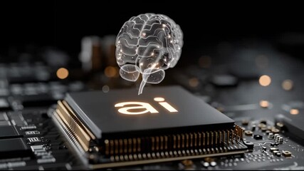 Wall Mural - A glowing blue hologram of the letters AI floating above an electronic chip surrounded by digital data circuitry and a luminous brain symbolizing advanced artificial intelligence and innovation
