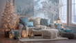 © Maksim Shebeko - Soft blue tones and warm lights create a magical winter retreat perfect for cozy gatherings Generative AI