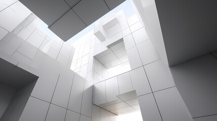 Wall Mural - An eye-level shot capturing the architectural design with sharp angles and clean lines, suggesting a modern building