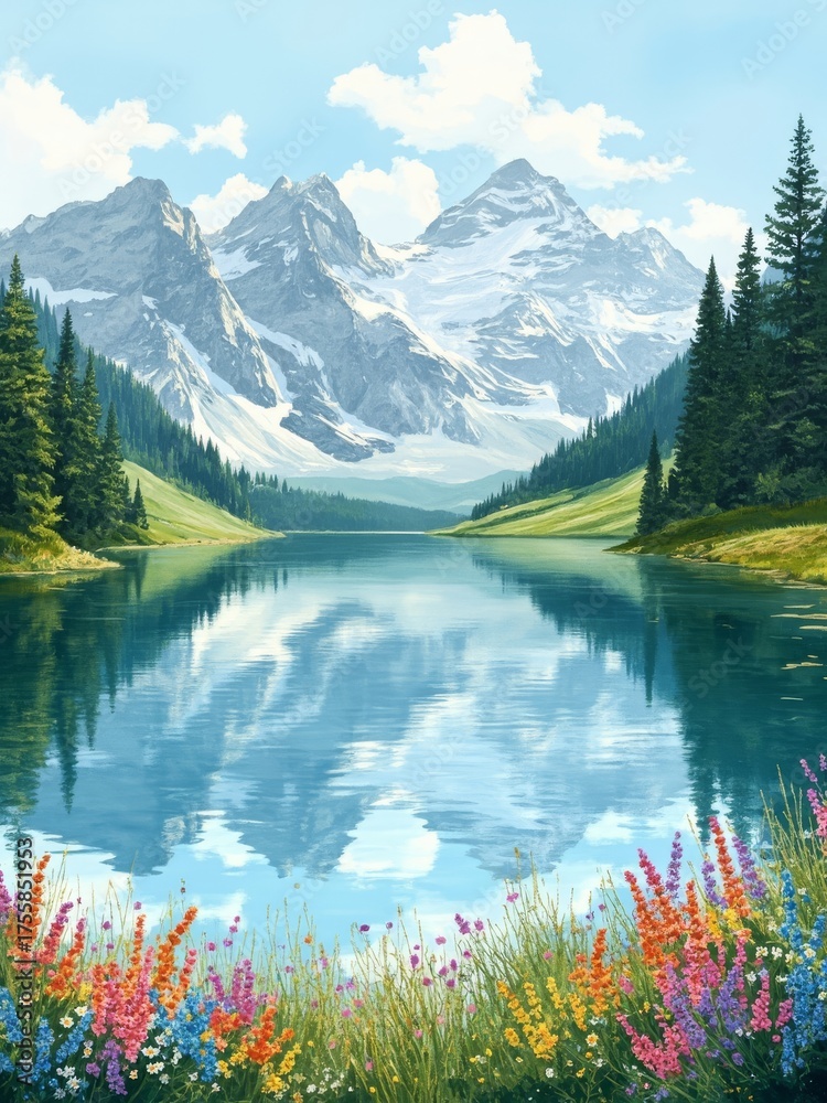 Serene Mountain Lake Reflection with Vibrant Wildflowers and Snowy ...