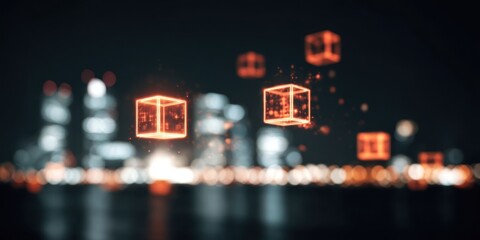 transparent data cubes forming futuristic skyline representing efficiency creation intelligence generation solution architecture