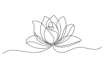 Continuous one line drawing of lotus flower in minimal modern style symbolizing peace, purity and mindfulness on white background
