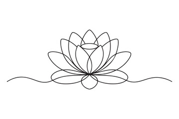 Continuous one line drawing of lotus flower in minimal modern style symbolizing peace, purity and mindfulness on white background
