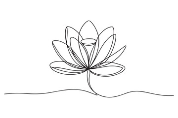 Continuous one line drawing of lotus flower in minimal modern style symbolizing peace, purity and mindfulness on white background
