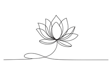 Continuous one line drawing of lotus flower in minimal modern style symbolizing peace, purity and mindfulness on white background
