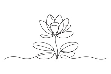 Continuous one line drawing of lotus flower in minimal modern style symbolizing peace, purity and mindfulness on white background
