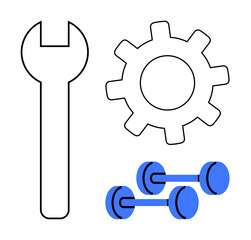 Wall Mural - Wrench, gear, and blue dumbbells reflecting repair, productivity, mechanical systems, and health improvement. Ideal for industries, fitness, engineering mechanics technology development simple