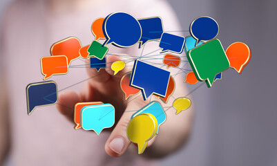 Wall Mural - Digital communication concept showcasing a hand linking speech bubbles, perfect for illustrating networking, social media, and online conversati
