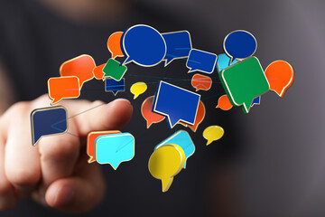 Conceptual image showing interconnected communication bubbles, ideal for expressing messaging, social media, and network connections.