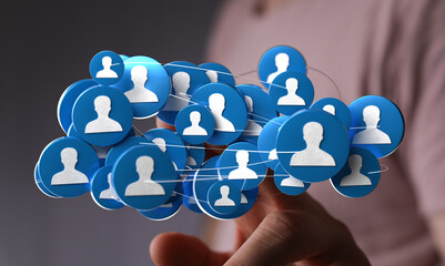 Wall Mural - Conceptual image of a hand interacting with a digital network of people. Represents social connection, community, and collaboration with network