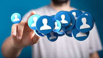 Wall Mural - Hand connecting with network icons. This image represents social media, communication, connection, community, networking, and technology. Use fo