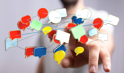 Wall Mural - A hand interacts with colorful speech bubbles connected with lines, representing digital communication and messaging.