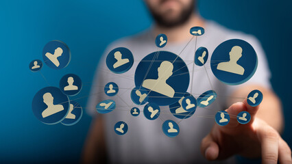 Wall Mural - Digital network of people with a man's hand touching the virtual icons. Showing connection and digital resources.