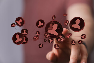 Wall Mural - Digital network concept connecting people. Digital connection and social networking concept. Hand touching network structure.