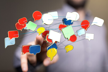Wall Mural - Conceptual image representing social media, communication, and network interaction. Colorful chat bubbles are connected by lines, symbolizing di