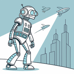 Wall Mural - Futuristic Robot in Sci-Fi City, Vector Illustration. Generative AI.