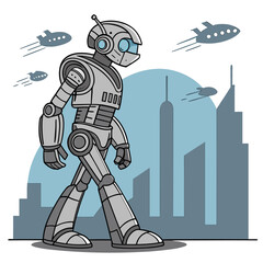 Wall Mural - Futuristic Robot in Sci-Fi City, Vector Illustration. Generative AI.