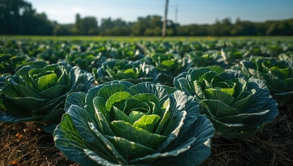 Wall Mural - Green cabbage plants thriving in an outdoor garden. Concept of plant-based nutrition.