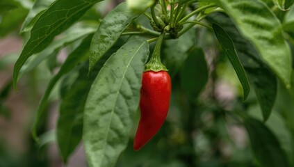 Wall Mural - Close-up of fiery small red peppers and green leaves hanging on a backyard plant.