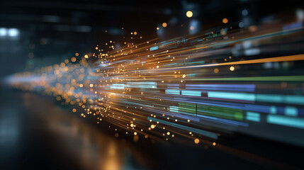 Wall Mural - Data Stream Visualization: Dynamic, flowing lines of data representing network connectivity, data transfer, or the flow of information and technology. 