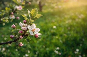 Wall Mural - Pink and white flower buds on a blossoming apple tree branch. Garden in full bloom with natural beauty. Open space for text. Horticulture scene. Orchard flowering view.