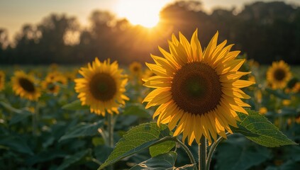Wall Mural - Close-up of sunflowers illuminated from behind in a late autumn meadow