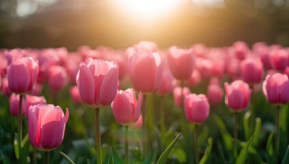 Wall Mural - Stunning display of pink tulips blossoming in the sunlight during a warm spring or summer day