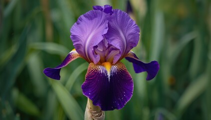 Wall Mural - A lively purple iris featuring vivid yellow details, displaying detailed petals that merge deep violet shades with bright golden touches for a stunning and dynamic look.