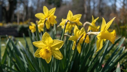 Wall Mural - Close-up view of bright yellow daffodil blooms in a tranquil garden setting