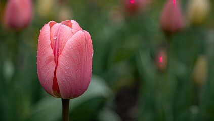Wall Mural - Detailed horizontal shot of a pink tulip in a springtime garden with a soft-focus backdrop, highlighting early spring signs with water droplets on the petals.