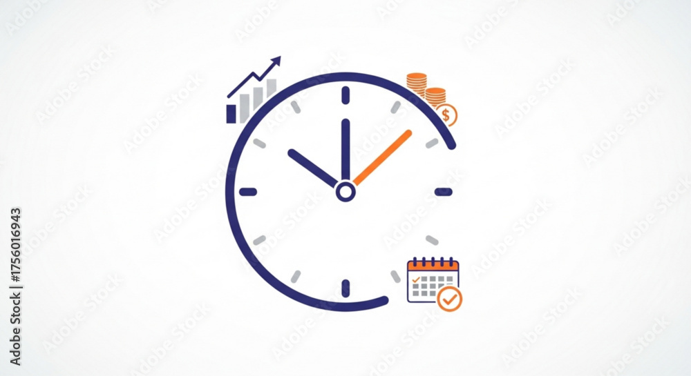 Clock with growth chart, coins, and calendar icon representing time ...