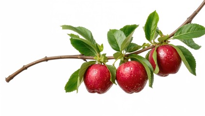 Wall Mural - Ripe red apples hanging from a tree limb with green foliage on a plain white backdrop