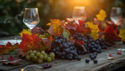 Wall Mural - Autumn sunlight illuminating vine leaves and clusters of grapes