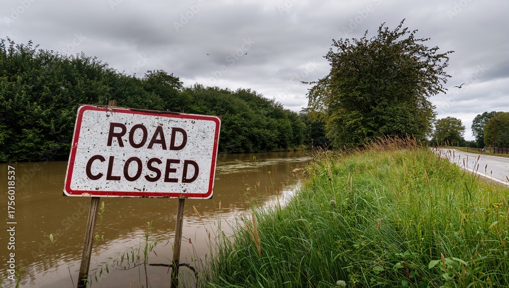 Flood water partially submerges a 'Road Closed' sign in rural area ...