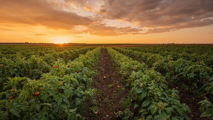 Wall Mural - Lush farm with ripe tomatoes under a vibrant sunset sky.