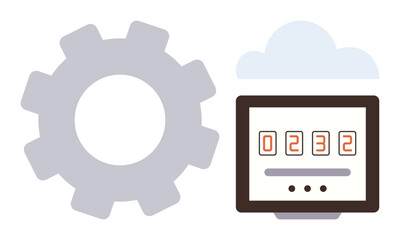 Wall Mural - Gear next to digital counter under cloud representing automation, connectivity, and technology. Ideal for themes thumbs up cloud computing, data processing, digital tracking, engineering systems